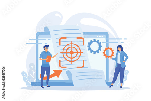 Tiny people project managers work on vision and scope document. Vision and scope document, project main plan, project management document concept. flat vector modern illustration photo