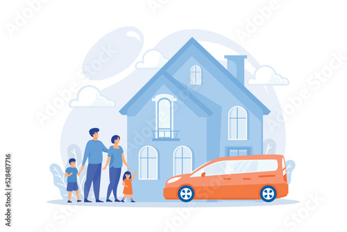 Happy parents with children and detached house. Single-family detached home, family house, detached residence and single dwelling unit concept. flat vector modern illustration