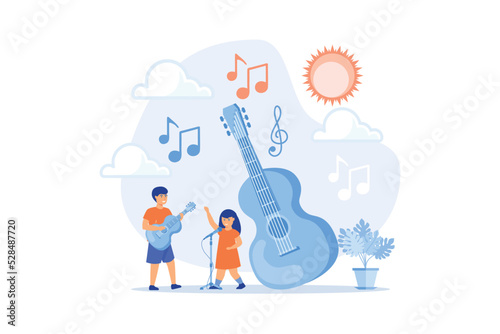 Happy kids enjoy singing and playing the guitar at summer camp, tiny people. Musical camp, young music talents, music and song courses concept. flat vector modern illustration