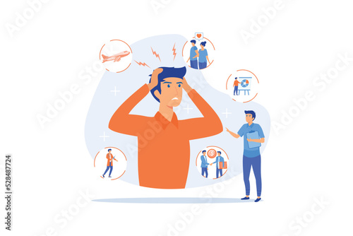 Introversion, agoraphobia, public spaces phobia. Mental illness, stress. Social anxiety disorder, anxiety screening test, anxiety attack concept. flat vector modern illustration photo