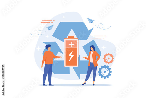 Businessman and woman using eco battery in recycle symbol. Eco battery, environmentally friendly battery, innovative eco-design concept. flat vector modern illustration