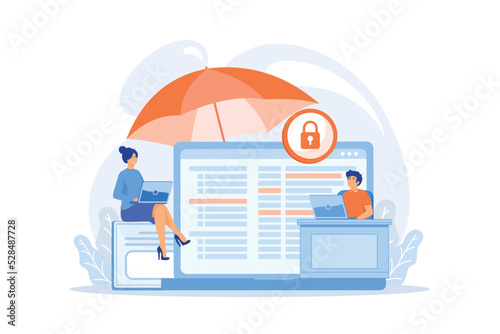 Business people work with laptops protected from internet-based risks. Cyber insurance, cyber-insurance market, cybercrime risk protection concept. flat vector modern illustration