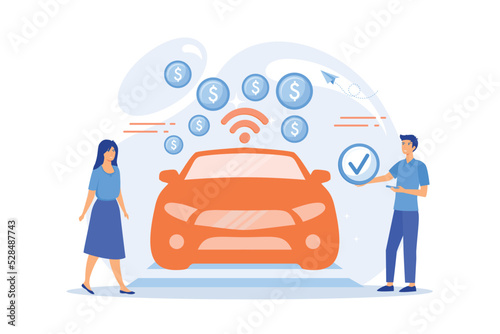 Business people paying in vehicle equiped with in-car payment system. In vehicle payments, in-car payment technology, modern retail services concept. flat vector modern illustration