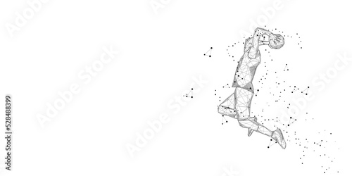 Print op canvas lonely basketball player on white background Abstract slam dunk movement low pol