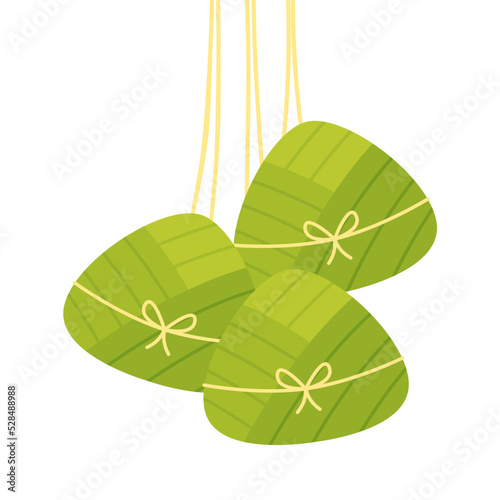 Delicious zongzi on white background. Duanwu Festival, date and wine's name written in Chinese calligraphy. Delicious zongzi icon.