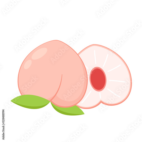 Peach cartoon vector. Doodle peach with leaves icon. Peach fruit in shape of heart isolated on white background. Farm, natural food, fresh fruits.