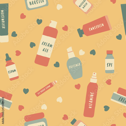 Skin care seamless pattern on a yellow background: bottles, dispenser, tube and jars. Hand-drawn cosmetic products: cream, serum, moisturizer, lotion, spa. Flat vector background