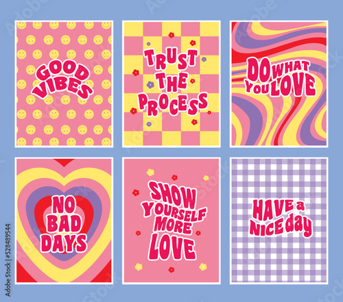 Groovy 70s posters. Stay positive, good vibes and happy mind vector illustration set. Colorful psychedelic covers with striped swirls and flowers. Floral blossom retro prints with inspirational text