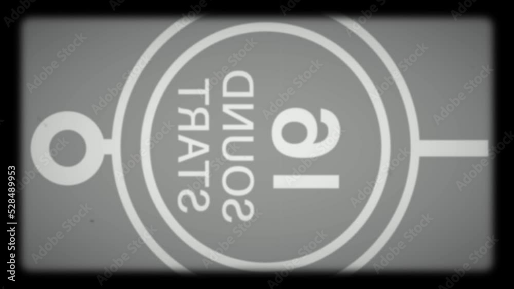 4K. Real time countdown film leader graphic. Counting down from 10 to 0. vintage style in monochrome grey color with film damage and flicker effect.
