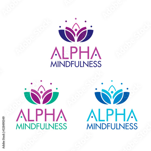 Flower Lotus People Dots Logo Design Alpha Mindfulness Meditation Yoga color purple violet green blue