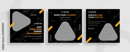 Set of editable templates for Instagram post, Facebook square, gym, sport, workout, fitness, advertisement, fresh design with black yellow colour and minimalist vector (1/3)