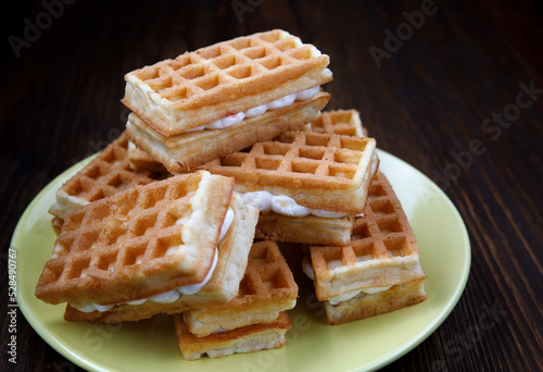 Viennese waffles on a yellow plate. Plate with Viennese waffles.