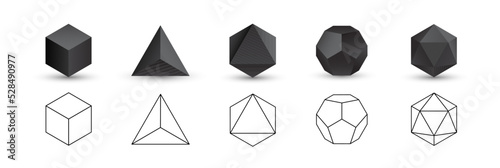 Set of black vector editable 3D platonic solids isolated on white background. Mathematical geometric figures such as cube, tetrahedron, octahedron, dodecahedron, icosahedron. Icon, logo, button