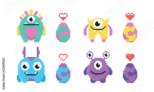 Set of colorful pixel monsters in cartoon style. Vector illustration of game characters that guard eggs with a health indicator on white background.