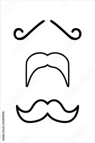 Black outline mustaches set isolated on white background. Silhouette black vintage mustache isolated on white background. Symbol of Fathers day, sign for Barber Shop. Retro curly hipster moustaches.