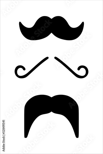 Black mustaches set isolated on white background. Silhouette black vintage mustache isolated on white background. Symbol of Fathers day, sign for Barber Shop. Retro curly hipster moustaches.