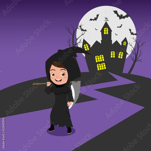 Cute Girl Wearing Grim Reaper Halloween Costume, Background in Separate Layers For Easy Editing