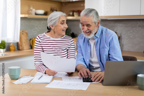 Portrait Of Cheerful Elderly Spouses Sitting In Kitchen And Checking Financial Papers © Prostock-studio