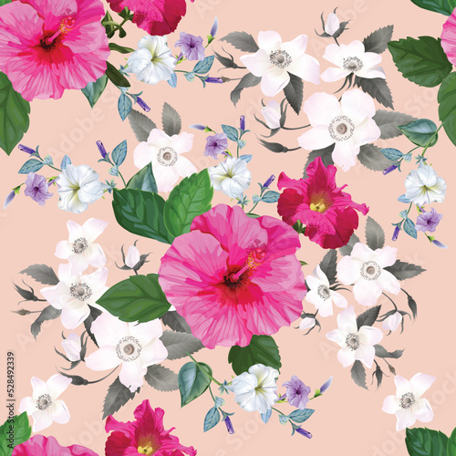 hibiscus and petunia seamless pattern