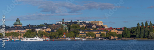 View of roofs, facades and church spires a sunny autumn day in Stockholm