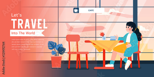 Woman Waiting For Departure Time At Cafe In Airport Terminal, Vector