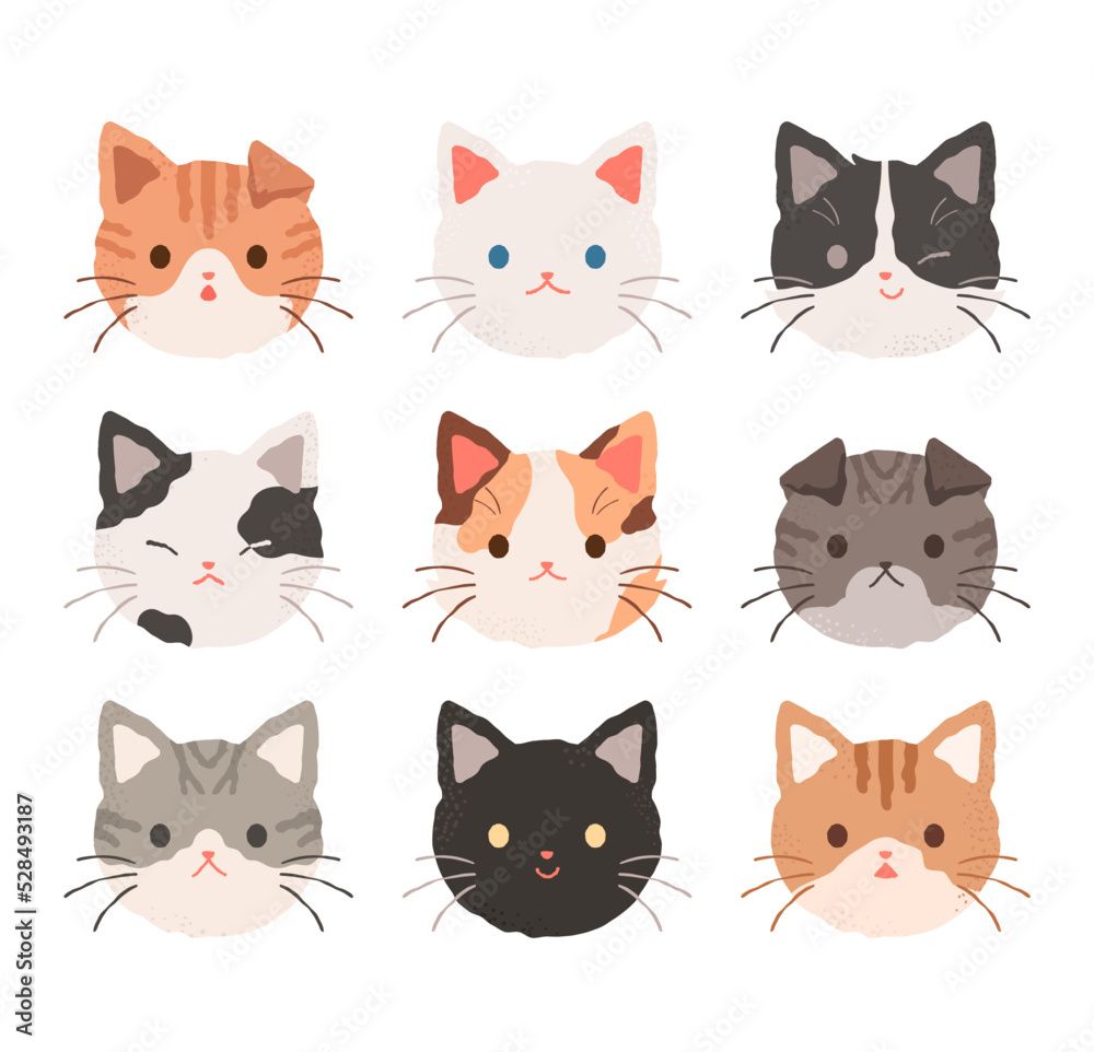 Cat faces with different patterns, appearances and fur colors. Cute cat profile concept vector illustration collection.