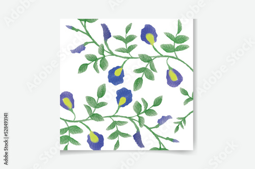 Tropical seamless pattern with butterfly pea flowers and leaves background. Vector set of exotic tropical garden for holiday invitations, greeting card and fashion design.