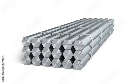 Stack of hexagon shape steel bars isolated on white background - 3d render