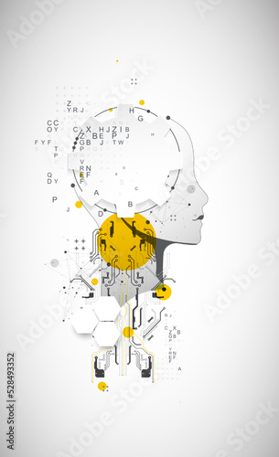 Artificial Intelligence. Technical background with a silhouette of a man. Big data concept. Machine cyber mind.