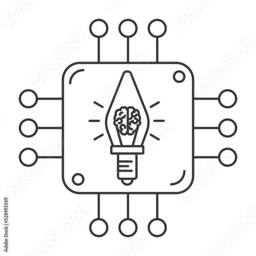 Artificial Intelligence machine learning concept. Human brain inside an electric lamp, which is connected with a computer chip. Outline style icon. Isolated. 