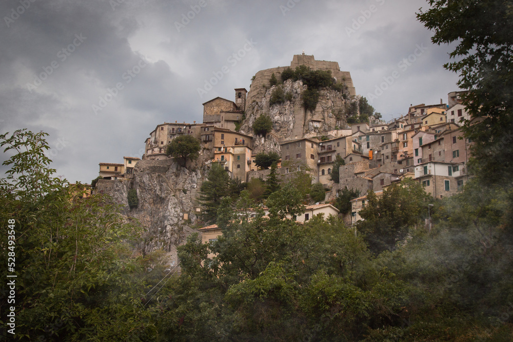 View of Cervara di Roma little village of the artist in the misty atmosphere in Lazio Italy