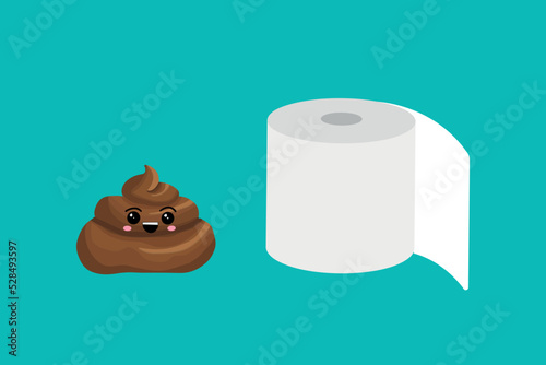 Roll of toilet paper and pile of dog poop in flat cartoon style. Funny excrement art.