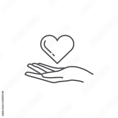 Heart in hand icon. Symbol of love and charity. hand and love icon design. hand and heart linear drawn style. Vector illustration