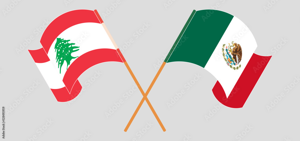 Crossed and waving flags of the Lebanon and Mexico Crossed and waving flags of the Lebanon and Mexico