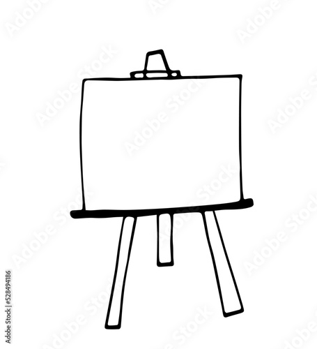 Simple hand drawn black outline vector illustration. Easel with empty canvas, art supplies. Clean sheet, frame. Sketch in ink.