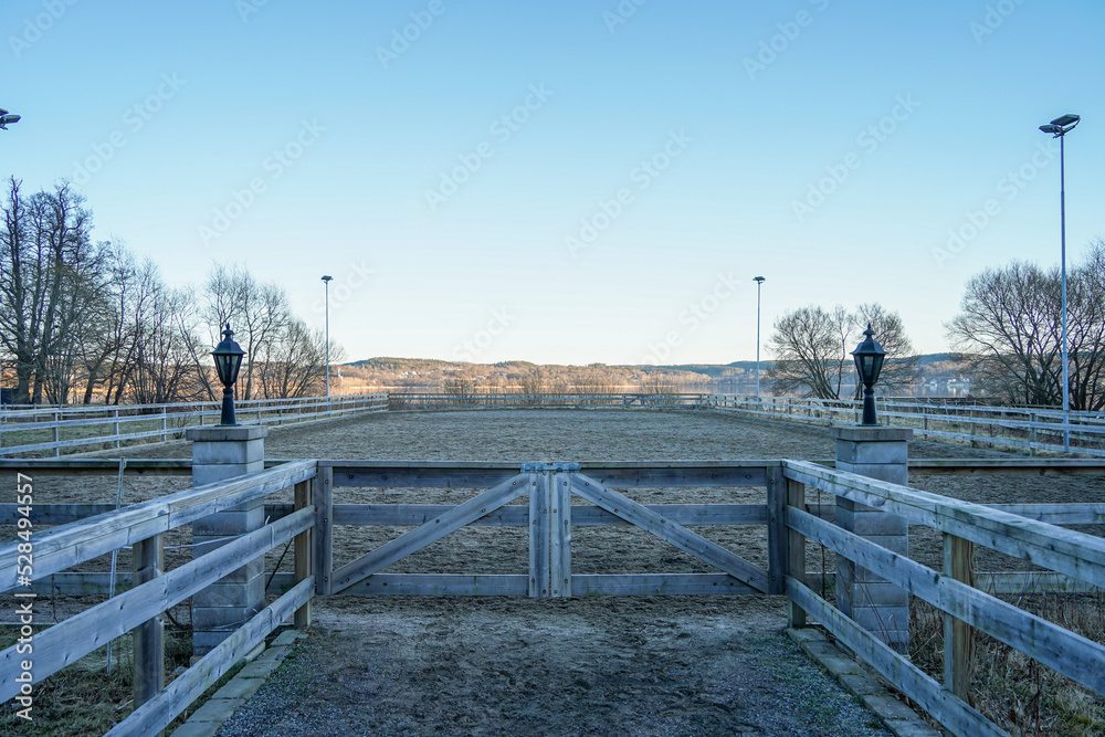 Winter arena for training horses in the forest at sunrise