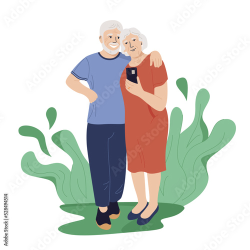 Elderly couple taking selfie. Cheerful grandparents having summer vacation together. Flat vector cartoon illustration of an elderly woman using smartphone to take self-portrait for partners.