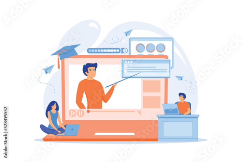 Digital devices and businessman with laptop on cloud using IaaS. Cloud based engine, infrastructure as a service, virtual machine on demand concept. flat vector modern illustration