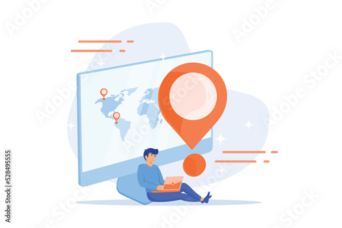 Worldwide delivery service. Global navigation, ordering system, world tourism idea. Vacation spot. Vacation spot choosing, package status tracking. flat vector modern illustration