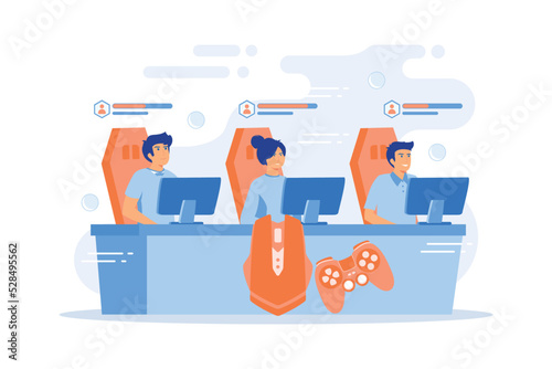 Team of gamers controlling game characrers in online battle. Multiplayer online battle arena, MOBA ARTS game, action real-time strategy concept. flat vector modern illustration