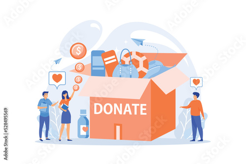 Volunteers collecting goods for charity into huge donation box and donating coins into jar. Donation, charity donation funds, gift in kind concept. flat vector modern illustration
