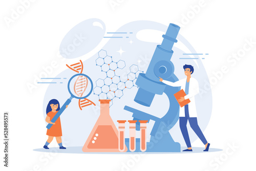 A girl with magnifier and scientist carry out an experiment, tiny people. Kids Science camp, young scientists lessons, kids laboratory tests concept. flat vector modern illustration