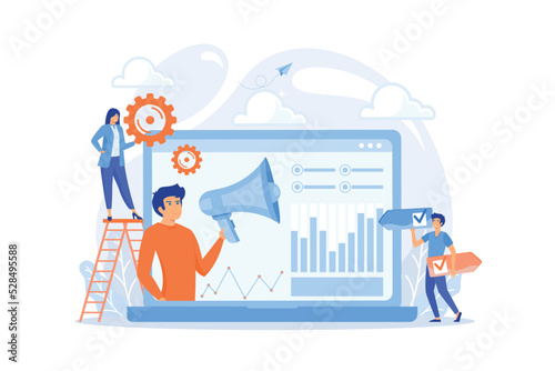 Tiny people, marketer with megaphone, consumers data analysis. Data driven marketing, consumer behaviour analysis, digital marketing trend concept. flat vector modern illustration