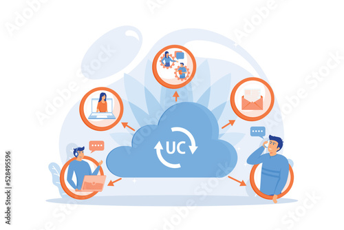Communication integration. Collaboration service. Unified communication, unified communications platform, consistent unified user interface concept. flat vector modern illustration