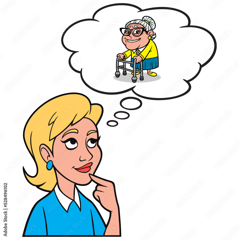 Girl thinking about an Aging Parent - A cartoon illustration of a Girl thinking about taking care of an aging Parent.