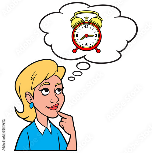 Girl thinking about setting an Alarm Clock - A cartoon illustration of a Girl thinking about setting an Alarm Clock.
