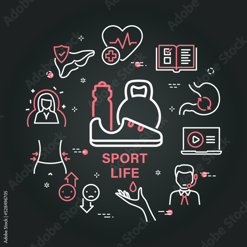 Sport life circular vector black banner. Linear healthy life icons in circle design