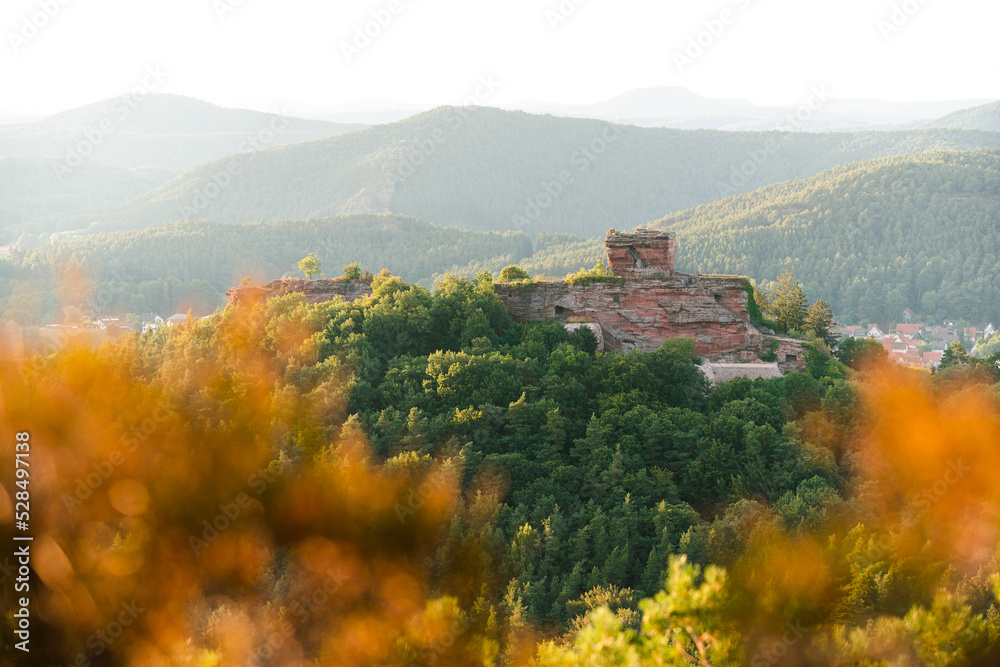 Sandstein Burg Burgruine Drachenfels im Pfälzerwald in Rheinland Pfalz in Deutschland zum Sonnenuntergang