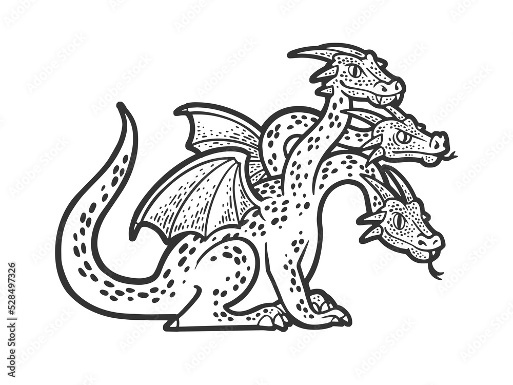 Obraz premium Zmei Gorynich three headed dragon serpent Russian folktales character sketch engraving raster illustration. Scratch board imitation. Black and white hand drawn image.