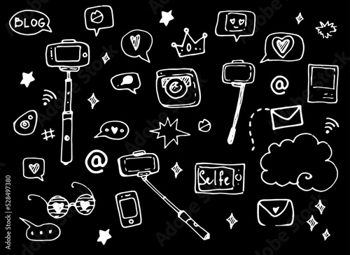 vector set of selfie sticks. Isolated elements of social networks, hand-drawn in the style of a doodle with a white isolated line, selfie sticks, messages, phone, photo paint, stars, hearts, glasses o